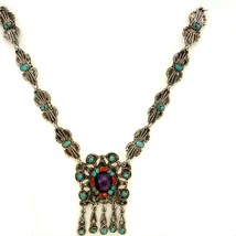 Vintage Sterling Mexican Design Handmade Multi Stone Panel Link Necklace size 20 - £179.15 GBP