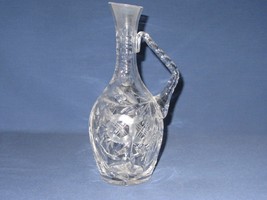 Vtg Cut Glass Crystal Clear Decanter Pitcher Applied Handle Etched Flower 9.5&quot; - £9.84 GBP