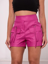 100%Leather Stylish Genuine Pant Designer Shorts Pink Cocktail Women Party Wear - £82.73 GBP