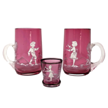 VTG Mary Gregory Cranberry Glass Mugs Boy w/Bird Girl Painting +Toothpick Holder - £30.88 GBP