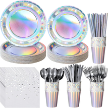Iridescent Party Supplies Decorations, Holographic Paper Plates and Napkins Set, - £32.75 GBP