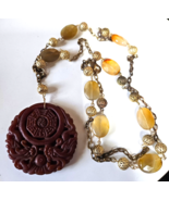 Vintage Long Chinese Red Jade Pendant Beaded Chain Necklace 33&quot; Long - $128.70