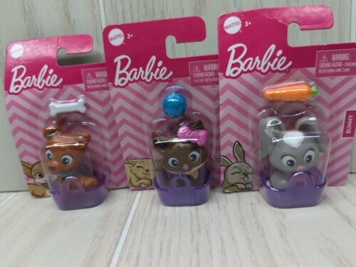 Barbie Pet mini figure set lot 3 brown puppy dog kitten cat gray bunny rabbit