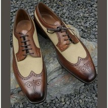 Men&#39;s Two Tone Brown Leather Beige Suede Burnished Medallion Toe Lace Up Shoes - £119.87 GBP+