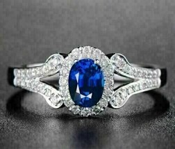 14k White Gold Plated 2.3CT Oval Cut Lab-Created Blue Sapphire Halo Women&#39;s Ring - £47.50 GBP