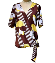 New York Company  Wrap Style Blouse Top Size M Brown Yellow Side Tie V-Neck - £6.08 GBP