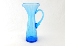 Hand Blown Crackle Glass Pitcher, Blue, Vintage, Applied Handle, Pontil - £23.45 GBP
