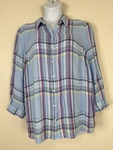 Catherines Womens Plus Size 0X Blue/Purple Plaid Button-Up Shirt 3/4 Sleeve - £15.20 GBP