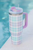 Orchid Petal Plaid Print Handle Large Vacuum Cup 40oz - $517.41 MXN