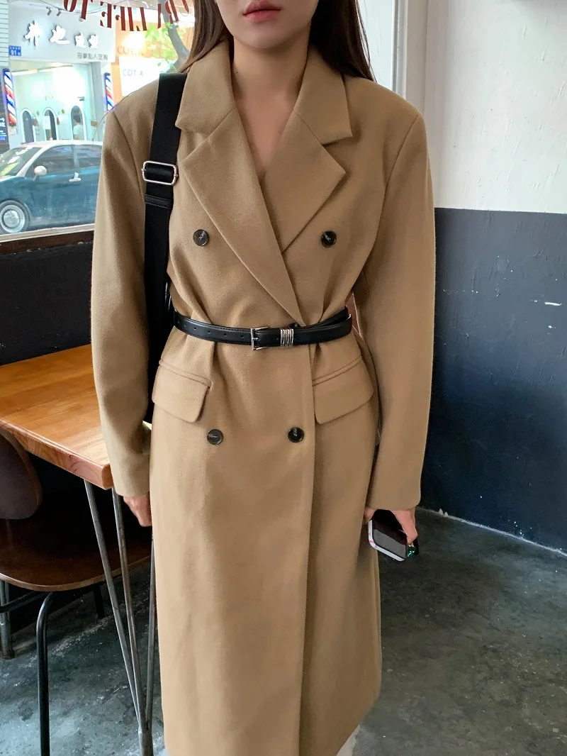 SuperAen Korean Temperament Suit Lapel Double-breasted Khaki Long Woolen Coat fo - £162.84 GBP