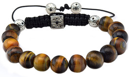 Tigers Eye Bracelet Men Women 10mm Beaded Adjustable Cuff Silver - £17.46 GBP