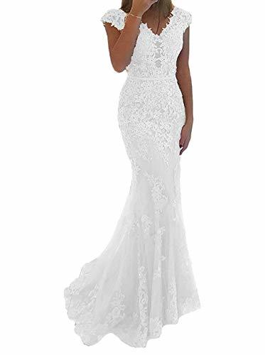 Plus Size Women V Neck Sheer Beaded Lace Tulle Long Mermaid Prom Dress White 20W