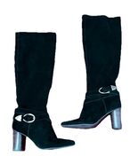 Aerosoles Black Suede Knee High Boots 8.5 Block Heel Vintage Style Buckle - $55.25
