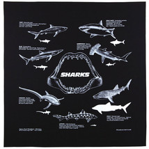 Printed Image Sharks Bandanna 22&quot; x 22&quot; BLACK Survival Facts Informational - $10.57
