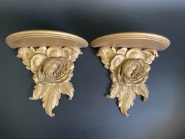 Pair Vintage Antique Syroco Wood Floral Gilt Wall Sconce Shelf Shelves - £153.02 GBP