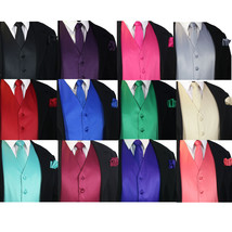 SOLID Men&#39;s Dress Vest &amp; Neck Tie Hankie Set For Suit or Tuxedo Formal Wedding  - £16.58 GBP+