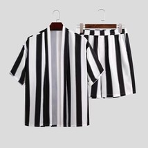 2022 Summer New Men&#39;s Suit Clothing Long-sleeved Stripe Print Shirts Shorts 2 Pi - £61.31 GBP