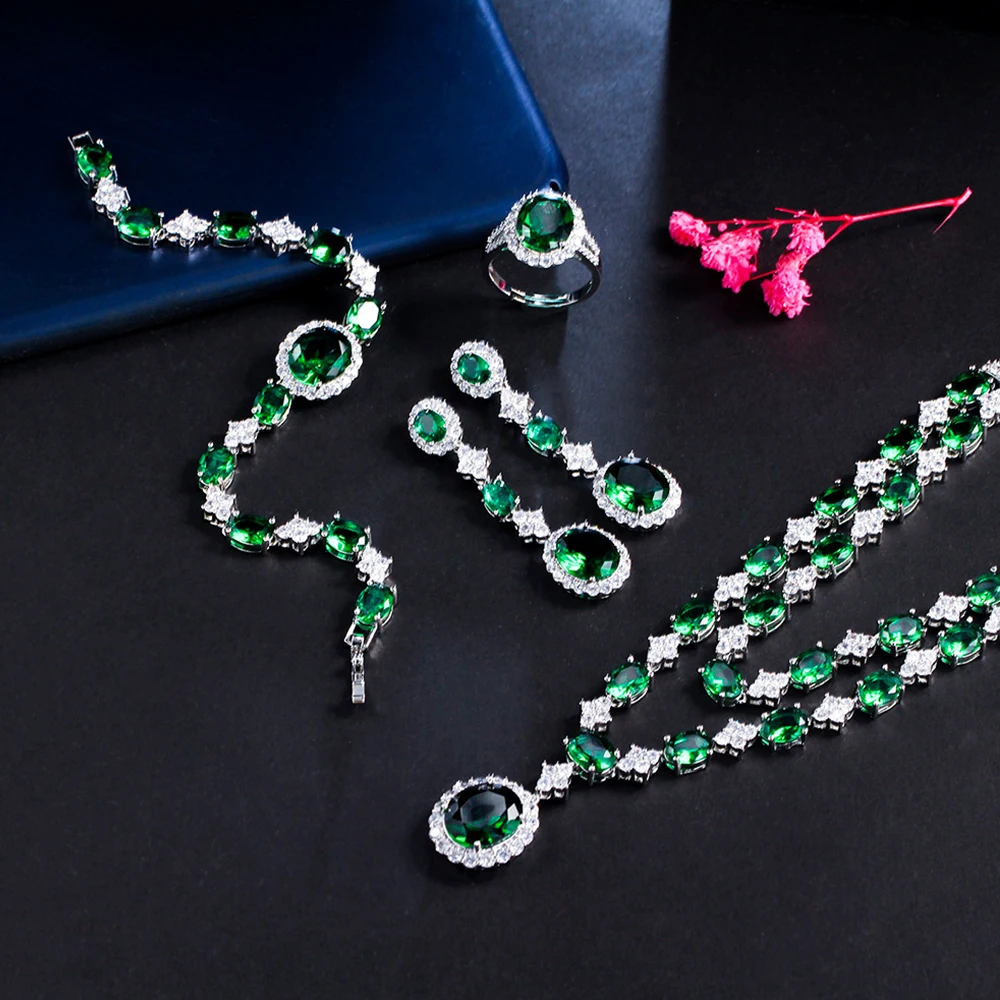 BeaQueen Expensive Green Cubic Zirconia 4pcs Sets for Women Bridal Drop Long Ear - $75.78