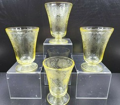 4 Hazel Atlas Florentine 2 Yellow Juice Glass Set 4&quot; Depression Glassware Poppy - £45.22 GBP