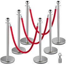 6PCS Silver Stanchion Posts Queue Crowd Control Barrier with 3 Velvet Ropes - £168.71 GBP