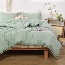 Sage Green Comforter Set Queen Size Pom Fringe Boho Chic Cute Ball Pom Bedding S - £46.65 GBP