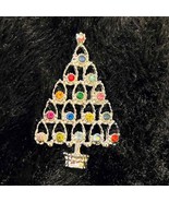Vintage Silver Tone Christmas Tree Brooch - Multicolor Rhinestones - £6.08 GBP