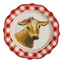 Pioneer Woman Floral Cow Salad Dessert Plate Red White Gingham Ceramic K... - $35.17 CAD