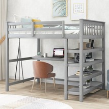 Full Size Loft Bed with Storage Shelves and Under-bed Desk, Gray - £406.86 GBP