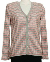 ST. JOHN Ivory Pink Green Gray Textured Knit Wool Blend Cardigan S - £159.90 GBP