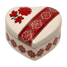 Ukrainian Heart Shaped Trinket Jewelry Box Ceramic  Folk Needlework Vintage 70s - £29.27 GBP