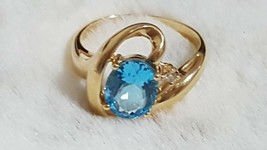Estate 14K Yellow Gold 2.40 Ct Natural Oval Swiss Blue Topaz And Diamond Ring - £318.88 GBP