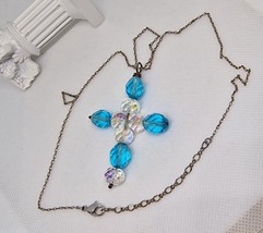 Vintage Swarovski Silver Cross Pendant Aurora Borealis &amp; Blue Crystals Necklace - $94.05