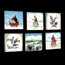 Boxed Vtg MCM Hand Painted Tile 3x3 Coasters DENMARK Floral Swans Women Lovers - £11.98 GBP