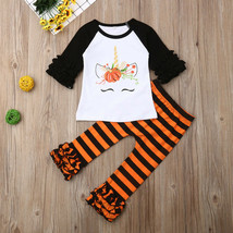 NEW Unicorn Pumpkin 3/4 Sleeve Shirt Ruffle Leggings Halloween Outfit Set - £3.78 GBP+