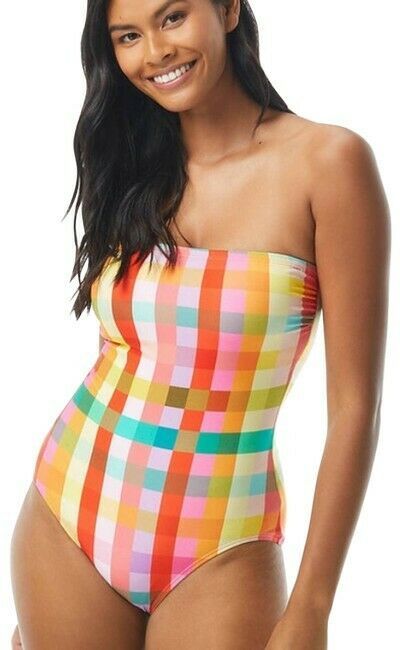 KATE SPADE GARDEN PLAID 1PC BANDEAU Swimsuit RED ORANGE PINK GREEN XS,S,... - $69.99