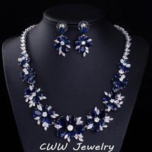 CWWZircons Blue CZ Bridal Jewelry Big Cubic Zirconia Stone Flower Wedding Choker - £57.33 GBP