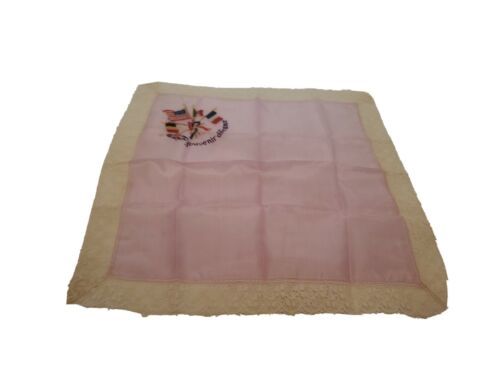 Primary image for LOVELY VINTAGE LADIES HANDKERCHIEF WITH SOUVENIR DE FRANCE & EMBROIDERED FLAG US