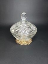 Vintage Crystal Cut Clear Glass Candy Dish w Brass Base No. 664 - £66.42 GBP