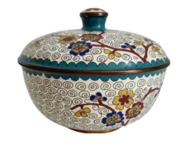 Chinese Floral Flowers Cloisonne Hand Painted Enamel Lidded Catchall Bowl  - £36.27 GBP