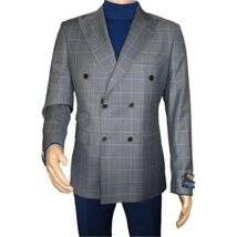 Men's Mono Double Breasted Blazer Super 180s Wool 1523-01 Gray Blue Plaid image 4