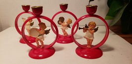 Vintage Germany Red Celluloid Candleholders 4 Musical Angels Cherubs Christmas  - £33.21 GBP