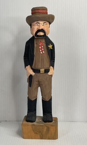 Primary image for Hand Carved Wood Sheriff Figurine  12” Tall Holster gun Gold Star hat boots