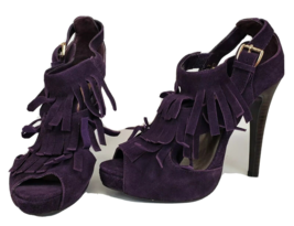 NYLA Kirby Purple Fringe Peep Toe High Heel Sandals womens size 7 suede - £23.29 GBP