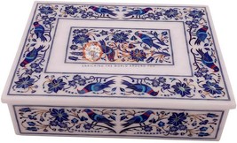 12&quot;x8&quot;x4&quot; Marble White Jewelry Lidded Box Lapis Marquetry Floras Veterans Gift - £1,600.03 GBP