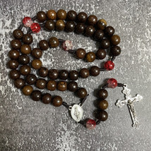 Catholic Rosary with black wooden beads and red gemstone, Wood Bead rosary - £23.62 GBP