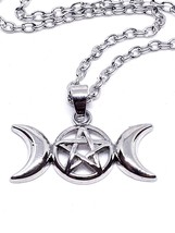 Triple Moon Phase Pendant Necklace Pentagram Goddess Pagan Pentacle Jewellery - £4.19 GBP