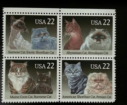 1988 22c Cats, Persian, Siamese, Shorthair, Block of 4 Scott 2372-75 Mint VF NH - $2.24