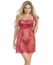 Lightly Padded Demi Cup &amp; Fine Lace Skirt Babydoll &amp; Adjustable Crotchless Panty - £43.94 GBP