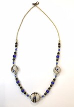 Beautiful Blue White Black &amp; Gold Tone Art Glass Beaded Necklace 24&quot; - £22.56 GBP