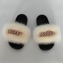 Hot Summer Sexy Slippers With Chain Furry Fluffy Slides Indoor Home Flat Shoes W - £37.80 GBP